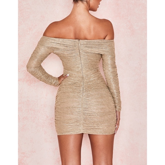 NWT House of CB Felicity Gold Ruched Mesh Off Shoulder Dress L+ - Picture 3 of 14